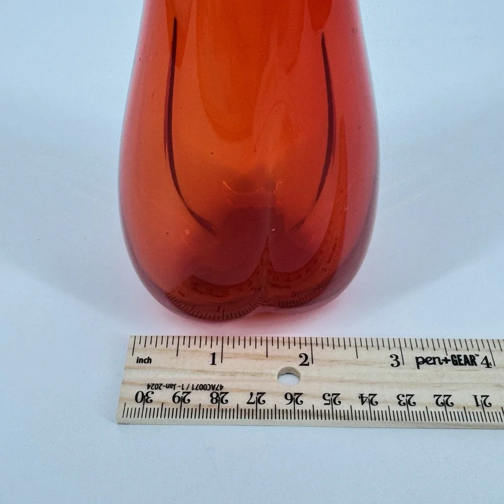Vintage Red Orange Art Glass Vase Hand Blown Sculptural Flared Rim 12